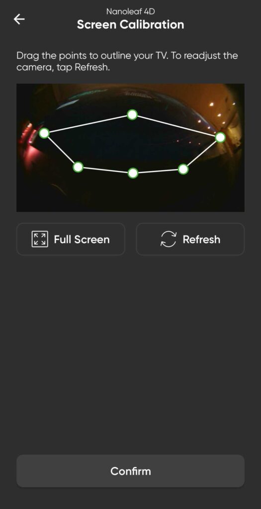 Screenshot of the Nanoleaf application showing the calibration of the TV. There are dots where the TV outline is.
