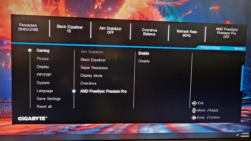 Lots of monitor settings including Black Equiliser, Aim Stabiliser, Overdrive balance, refresh rate, and AMD FreeSync Premium Pro.
