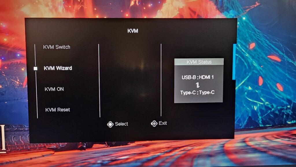 KVM on screen showing the KVM switch, Wizard, and reset.