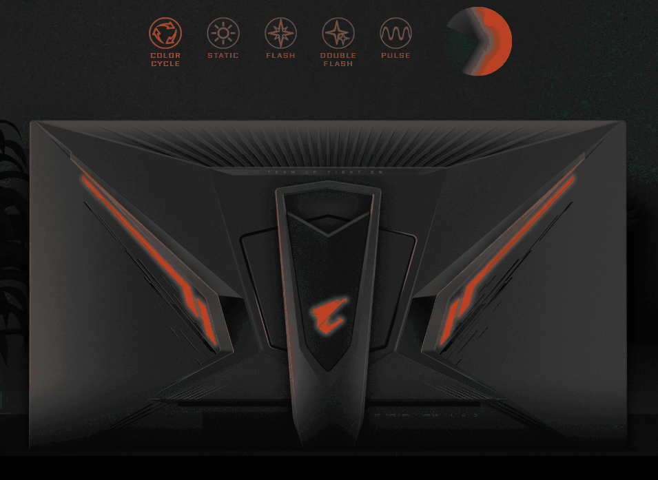 RGB lighting options showing the back of the monitor lit up with the AORUS logo in the middle lit. The options show along the top of the image are: colour cycle, static, flash, double flash, pulse, and brightness.
