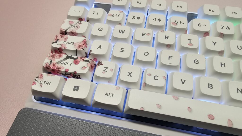Close up of the Cherry Blossom keyboard showing the left side of the keyboard, it's sitting on a pink mousemat.