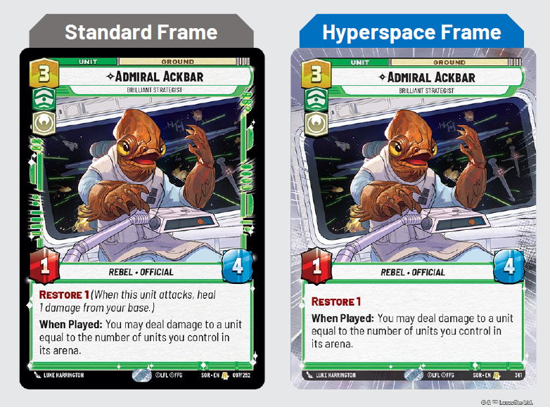 Admiral Ackbar cards showing the different between the hyperspace and standard card. The hyperspace card has a silver background and takes up the whole screen without having the black border.