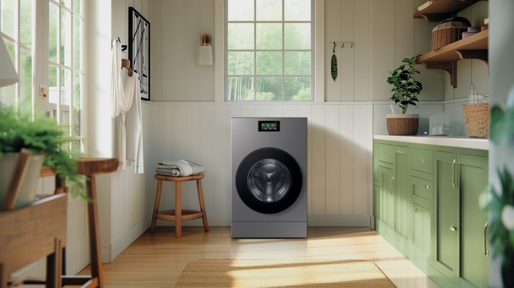 A green hued laundry with the silver Samsung AI washer and dryer combo at the back of the room, centered against a white wall. 