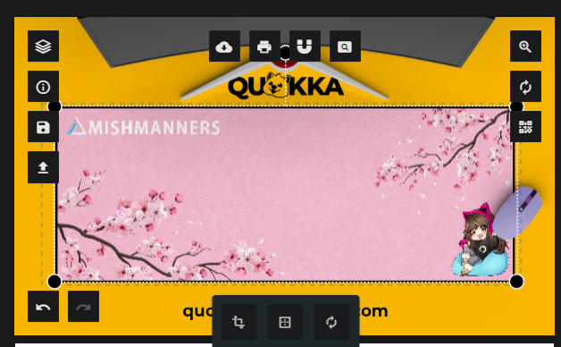 Screenshot showing the Quokka Mousepads upload and design process with the custom image on top of a mousepad template. There are controls around the image for resizing, moving, saving, uploading, zooming, rotating, downloading, and cropping.