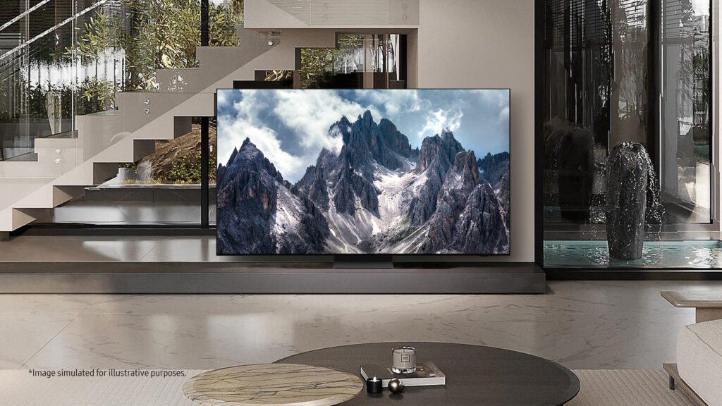 Samsung S95D OLED Television sitting on a edge with a fancy looking bespoke home living room. The television blends in with the rest of the scenery with minimal display edging.