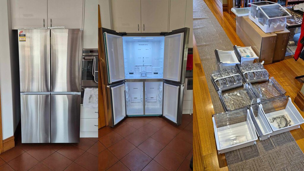 Three images put together; closed double door silver French fridge on the far left hand side, open fridge in the middle, and lots of internal fridge pieces ready for unwrapping in the third image.