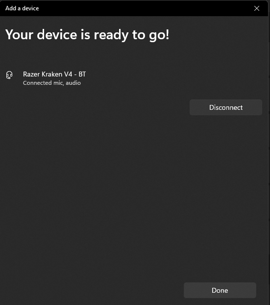 Screenshot showing: Your device is ready to go. BT connected to Razer Kraken V4 BT.