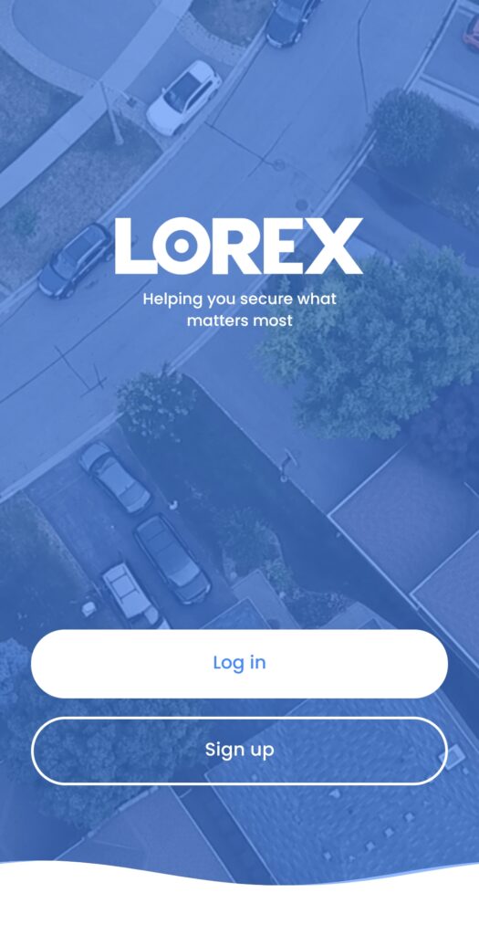 Lorex app home screen showing "Helping you secure what matters most". There are log in and sign up buttons.