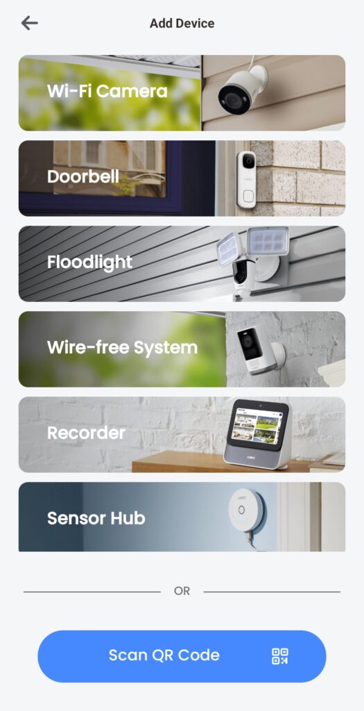 Lorex app screen for device setup showing WiFi, Doorbell, Floodlight, Wire-free system, Recorded, Sensor Hub. There's also a "Scan QR code" Button at the bottom.