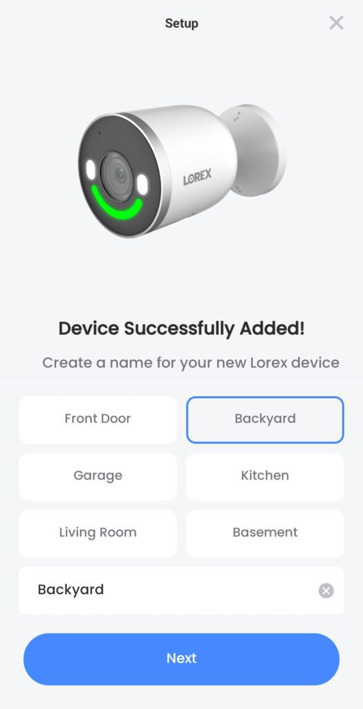 Setup app screen showing a picture of the Lorex camera and "Device Successfully Added!". There are options for "Create a name for your new Lorex device" with a "Next" button after some stock names and a box to type a custom name.