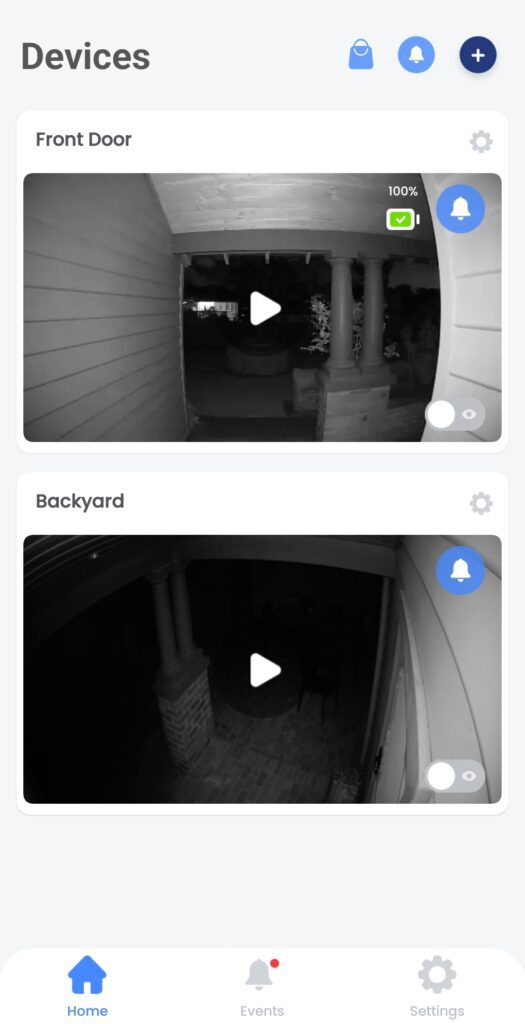 "Devices" screen showing black and white live feeds of the "front door" and "backyard".