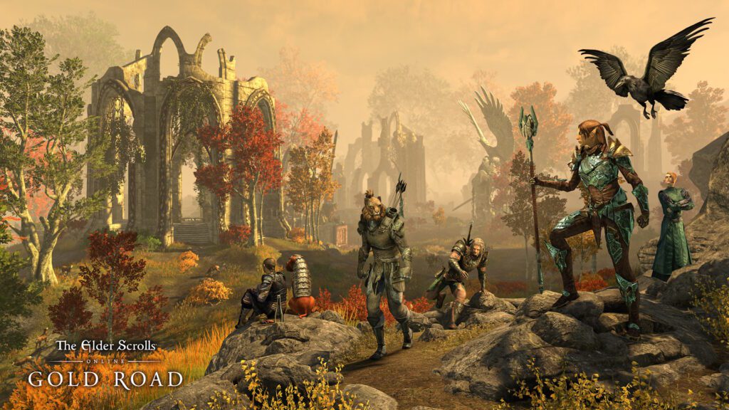 ESO Gold Road hero image with a shrine in the image and lots of autumn colours.