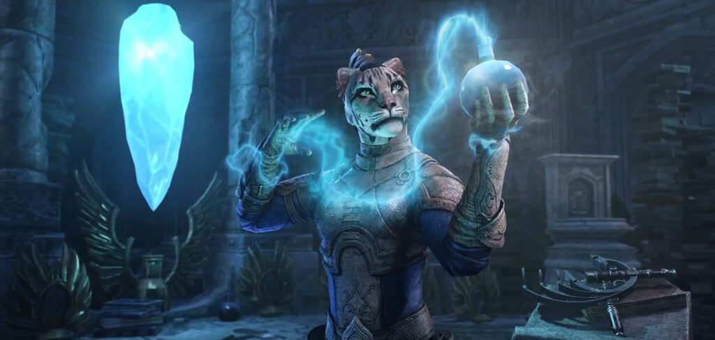 A Khajiit-one of the default races in ESO and a humanoid like character with the head of a cat-holding a flask and using a blue-coloured spell on the flask. 